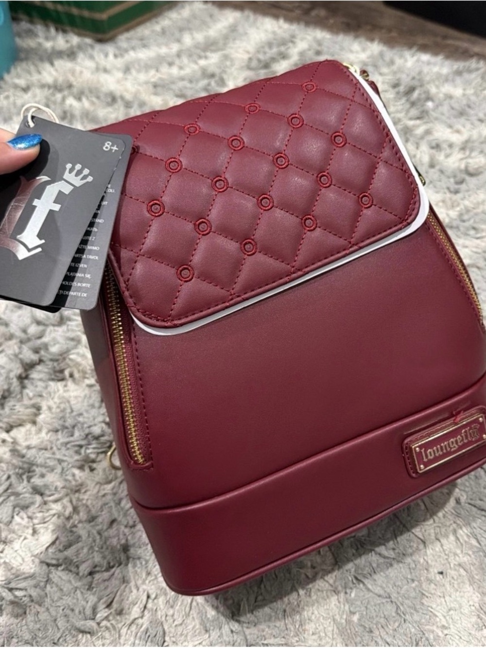 Loungefly Quilted Flap Mini Backpack - Wine with White Trim